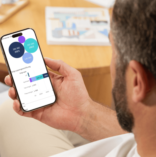 Mann sieht das Pharmamonitor Dashboard auf seinem Smartphone an - Pharmamonitor - Wettbewerbsanalyse und strategische Mediaplanung in der Pharmabranche.